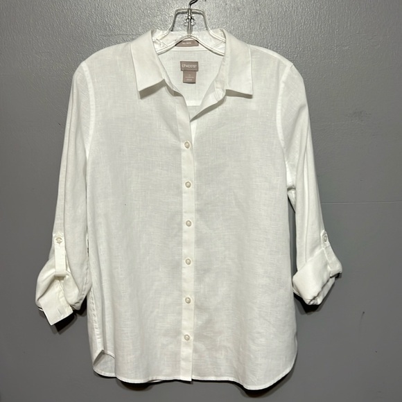Chico’s Classic-Fit No-Iron Linen Shirt Long Sleeve Crisp White Button Up Top - Picture 3 of 13